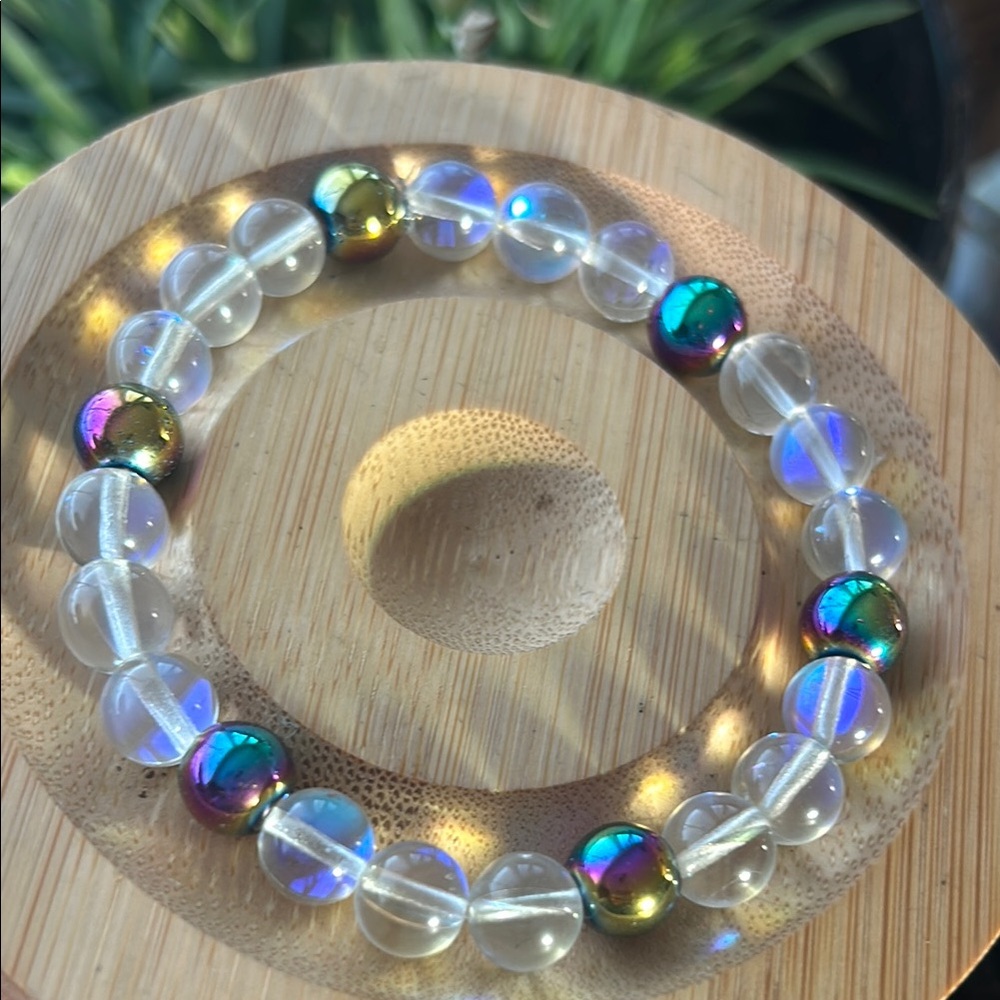 Handmade Iridescent Hematite + Aura Quartz Beaded Bracelet - Picture 4 of 4